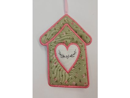 Látkový domeček plochý č.8 zelený s růžovým okrajem srdíčko s lístky