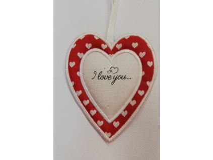 Látkové srdíčko bílé s červenobílým okrajem I Love You