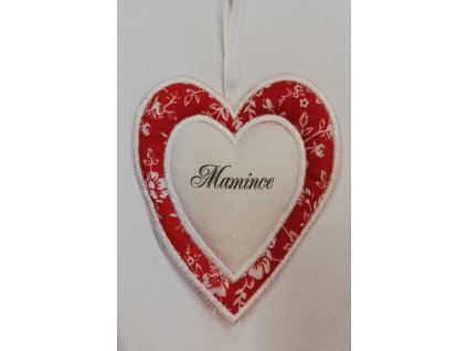 Látkové srdíčko bílé s červenobílým okrajem Mamince