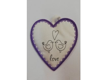 Látkové srdíčko bílé s fialovým okrajem Love