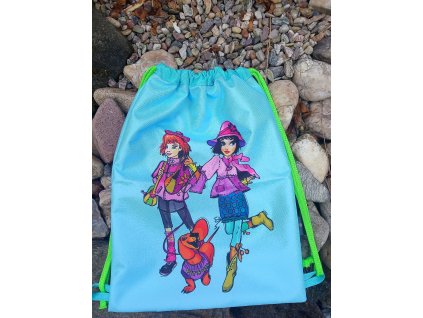 Stahovací vak digitální tisk 42 x 32 cm Dívky a pes na tyrkysu