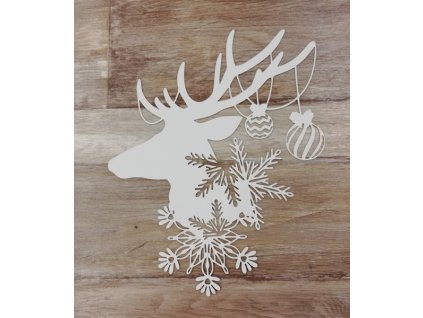 Bílý výřez na okno jelen s baňkami a vločkami