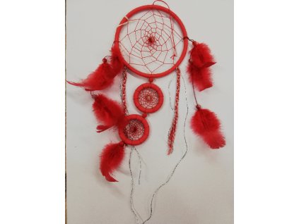 Lapač snů červený s peřím 30cm