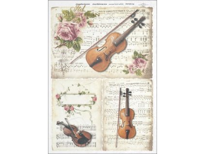 Rýžový papír A4 pro tvoření Housle, noty, růže R374