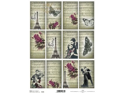 Rýžový papír A4 pro tvoření Noty, Paris, růže, tanec R538