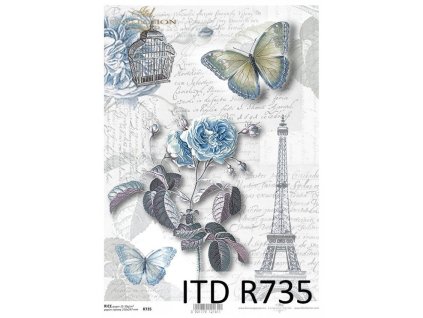 Rýžový papír A4 pro tvoření Paris,písmo,motýl,růže,modré R735
