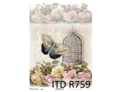 Rýžový papír A4 pro tvoření Motýl, klec, růže R759