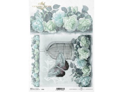 Rýžový papír A4 pro tvoření Klícka, modré květiny, motýl R760