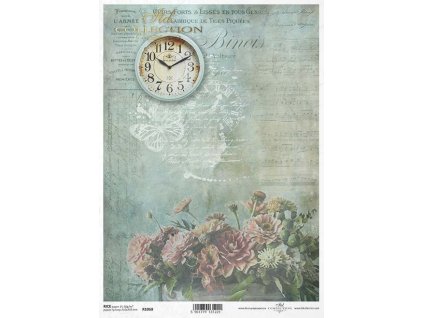 Rýžový papír A4 pro tvoření Květy, hodiny, písmo, tyrkys R1068