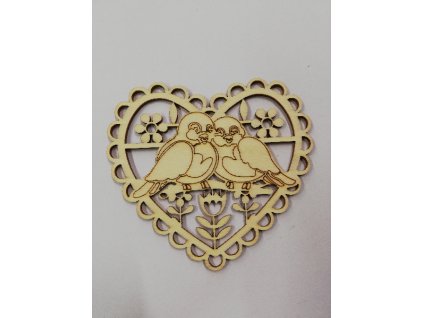 Dřevěný výřez ptáčci v srdíčku 11x10cm
