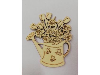 Dřevěný výřez konev s květinami 8,5x10cm