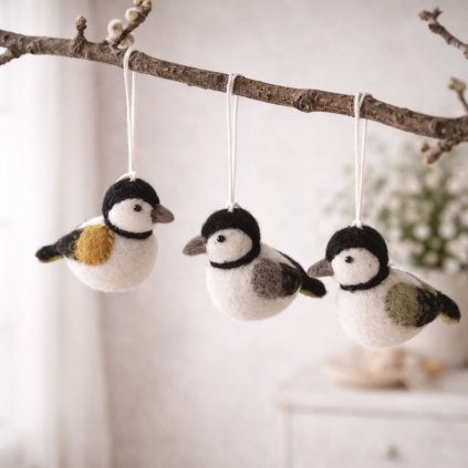 Závěsný plstěný vrabec černý set 3 ks mood