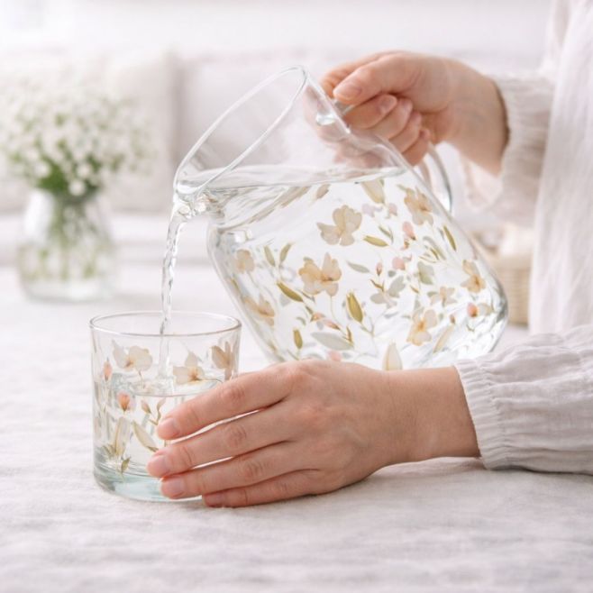 Jarní stůl v lehkosti skla🌸 Džbán, sklenice i svícny s jemným květinovým dekorem, to jevkolejce Svea 🌸 Na vodu s citronem,...