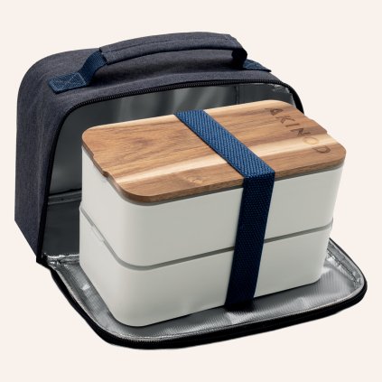 Svačinový box / lunch box Akinod bílý s izolační taškou v džínově modré barvě