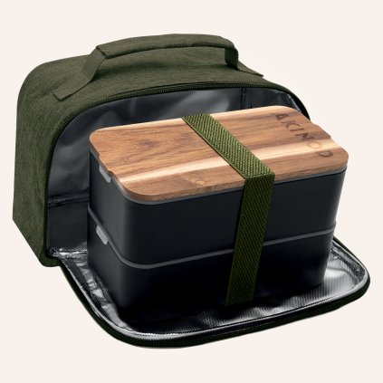 Svačinový box / lunch box Akinod černý s izolační taškou v barvě khaki