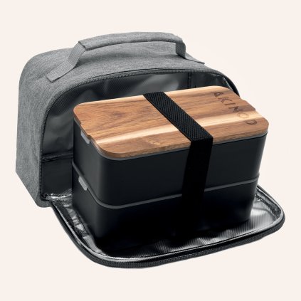Svačinový box / lunch box Akinod černý s izolační taškou v šedé melírové barvě