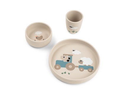 Silikonový jídelní set Stick & Stay Tiny farm - pískový