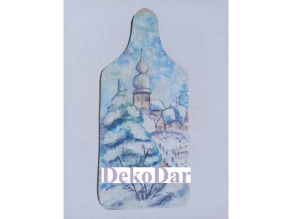KOSTEL - ZIMA – 115 x 260 mm - ručně malované kuchyňské prkénko – skladem 1 ks