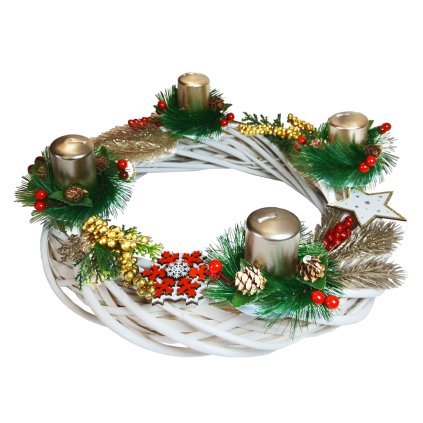 Adventní bílý svícen se stříbrnými svíčkami a zlato bílou dekorací