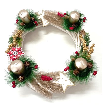 Adventní bílý svícen se stříbrnými svíčkami a zlato bílou dekorací