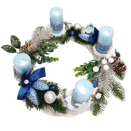 Adventní svícen s modrými svícemi  Adventní svícen