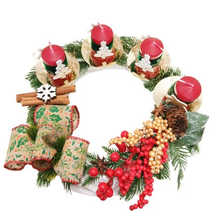 Adventní věnec s červenými svíčkami a mašlí  Adventní věnec