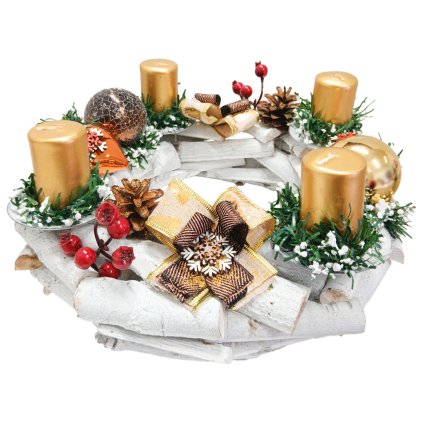 Dekorativní svícen z větviček a hnědo -zlatými koulemi  Svícen z větviček