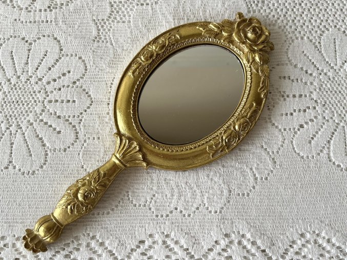Zlaté antik příruční zrcátko s růžemi a patinou 3