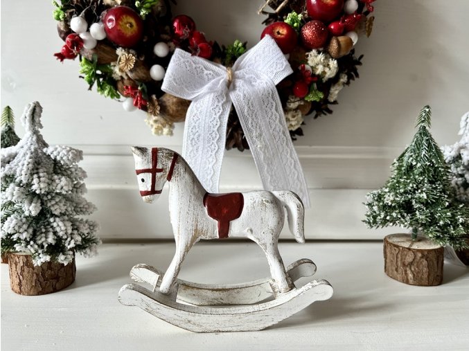 Dekorace dřevěný koníček bílo červený 3