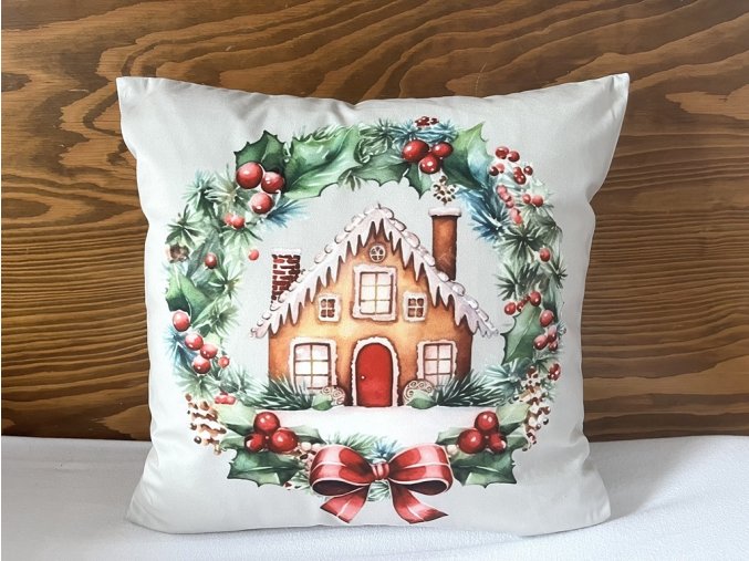Zimní sametový povlak na polštář s perníkovou chaloupkou 45 x 45 cm