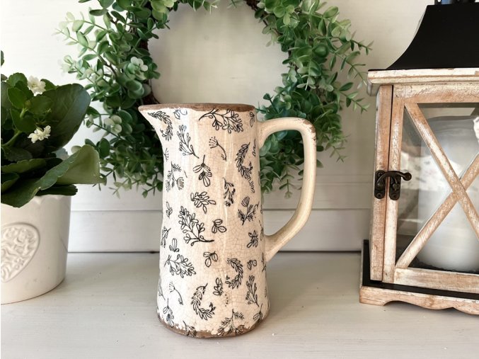 Béžový antik keramický džbán se zelenými kvítky