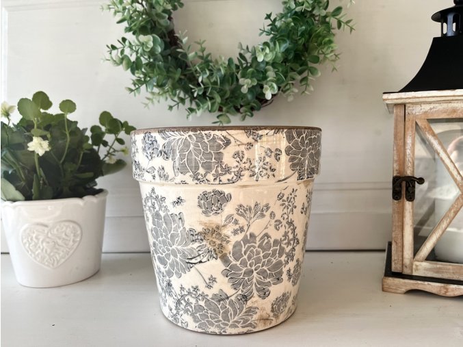 Keramický květináč s šedými květy