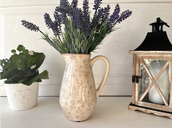 Béžový antik keramický džbán s hnědými květy