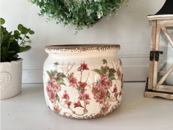 Béžový keramický obal na květináč s květy lilie