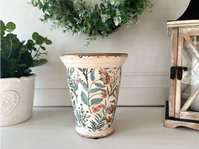 Béžový antik květináč s květinovým dekorem