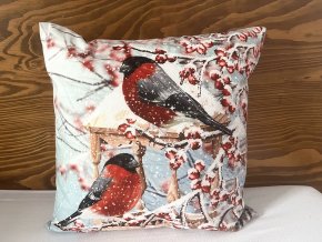 Zimní sametový povlak na polštář s ptáčky na krmítku 45 x 45 cm 1