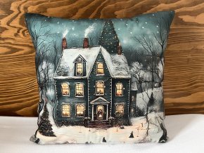 Zimní povlak na polštář domeček 45 x 45 cm