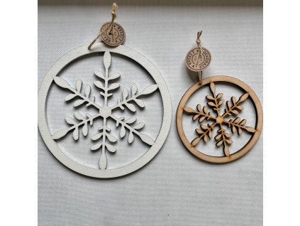Dřevěné vločka na zavěšení 13 cm a 20 cm, 2 barvy