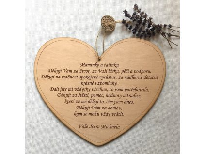 Dřevěné srdce poděkování rodičům na svatbě