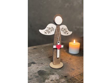 Dřevěný anděl 30cm kříž