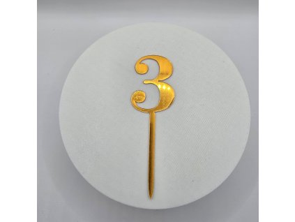 Dekoračný zlatý zápich v tvare čísla 3 na oslavu