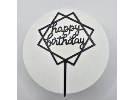 Čierny geometrický zápich Happy Birthday kosoštvorec