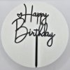 Moderný čierny akrylový zápich na tortu Happy Birthday s ozdobným srdcom