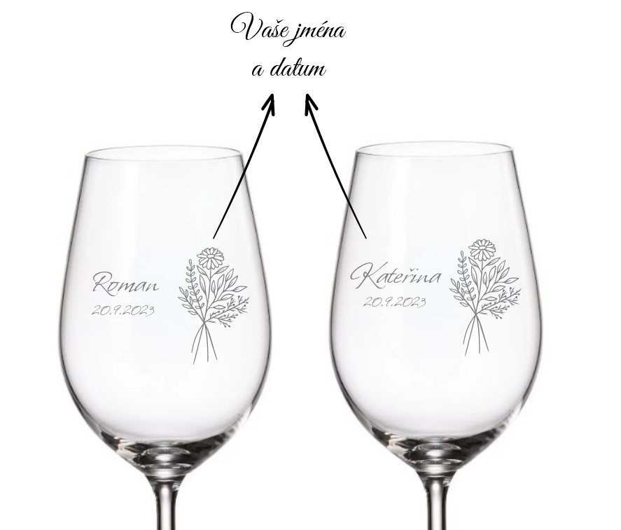 Svatební sklenice se jmény a datumem svatby