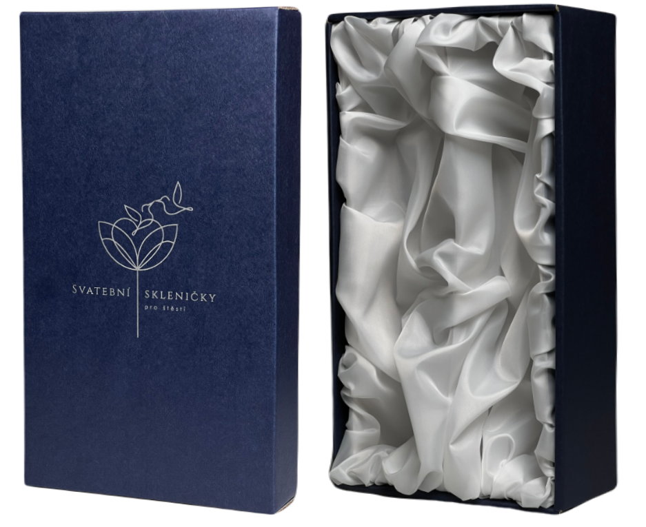 Svatební dárková krabice na 2 sklenice na šampaňské Kolibříci MODRO BÍLÁ