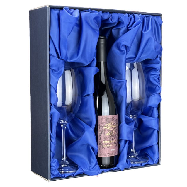 Prázdná dárková krabice na 2 sklenice na bílé víno s prostorem na láhev vína modro modrá