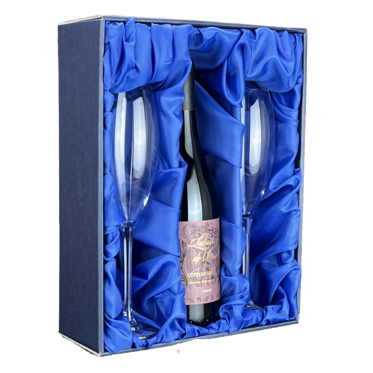 Prázdná dárková krabice na 2 sklenice na šampaňské s prostorem na láhev modro modrá