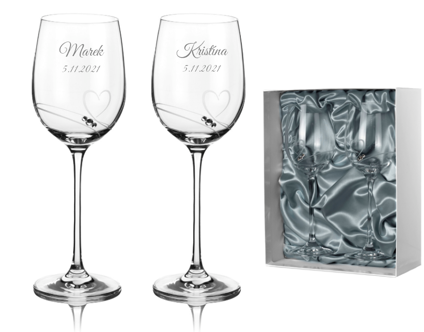Svatební sklenice na bílé víno Romance simple s kamínky Swarovski v prémiovém saténovém balení 330 ml 2KS
