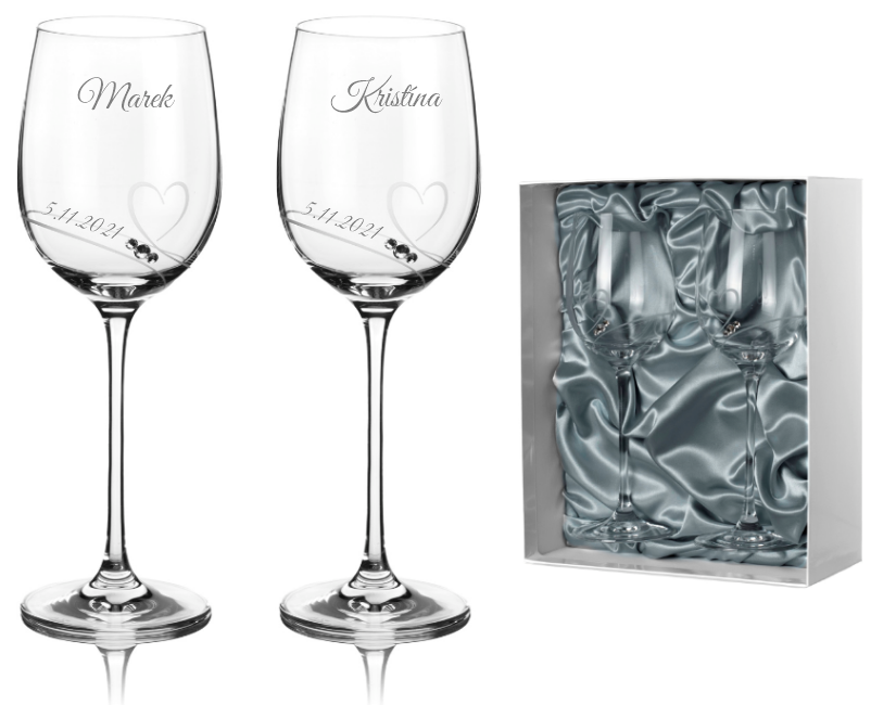 Svatební sklenice na bílé víno Romance s kamínky Swarovski v prémiovém saténovém balení 330 ml 2KS