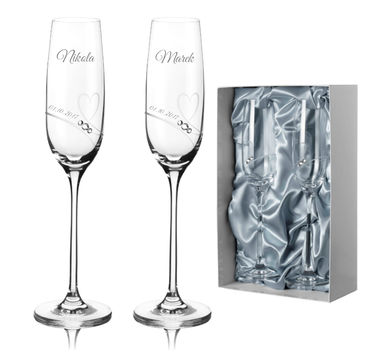 Svatební sklenice na šampaňské Romance s kamínky Swarovski v prémiovém saténovém balení 200 ml 2KS